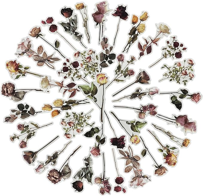 Brown Vintage Dried Roses Botanical Stickers, 40 PCS Aesthetic Stickers for Scrapbooking, Cottagecore Waterproof Vinyl Stickers for Bullet Junk Journal Planner Diary Album