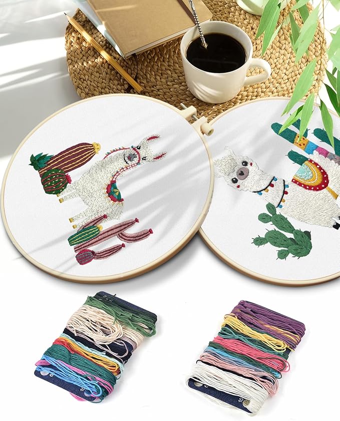 TINDTOP 2 Pack Embroidery Kit for Adult Beginners, Embroidery DIY Starter Kit, with Alpaca Stamped Patterns, Hoop, Tools, Colorful Threads with Needles, Instructions