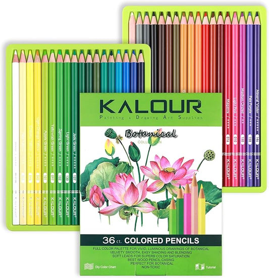 36-piece Green Botanical Colored Pencil Set, Pre-sharpened Wooden Colored Pencils for Adults Artists Beginners Coloring Books Drawing & Sketching