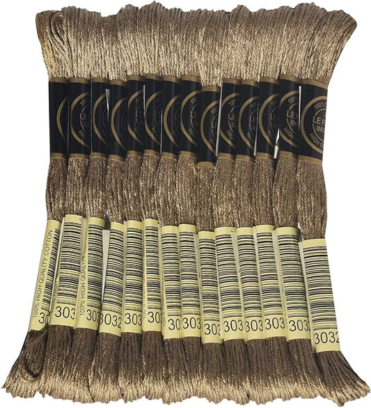 LE PAON Embroidery Floss, 14-Pack Six Strands 100% Long Staple Cotton Embroidery Thread, 8.7-Yard，Color Number：3032, Medium Mocha Brown
