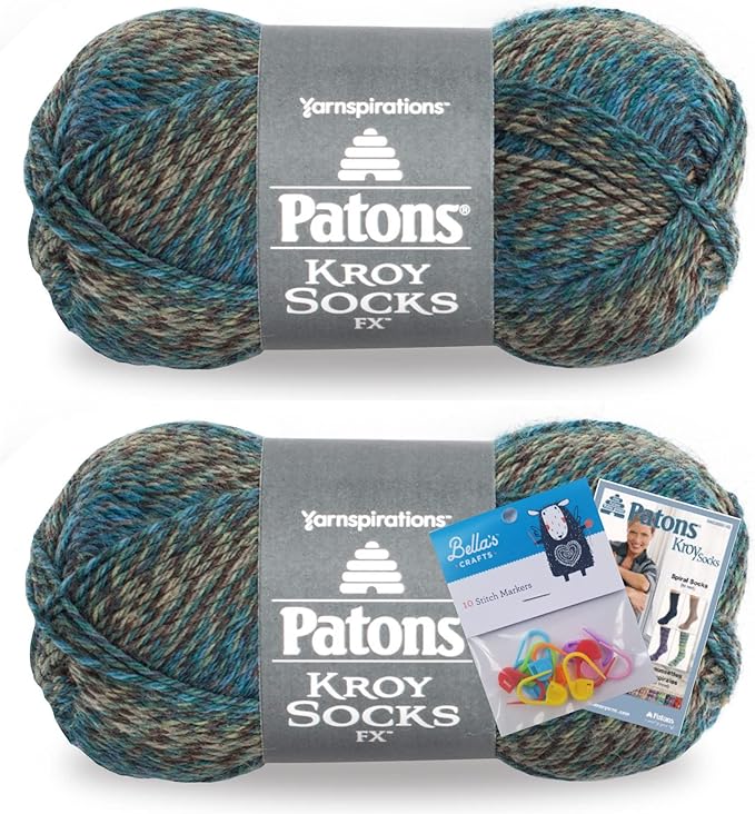 Patons Kroy Socks FX Yarn 2-Pack Bundle with Bella's Crafts Stitch Markers (Cascade Colors)