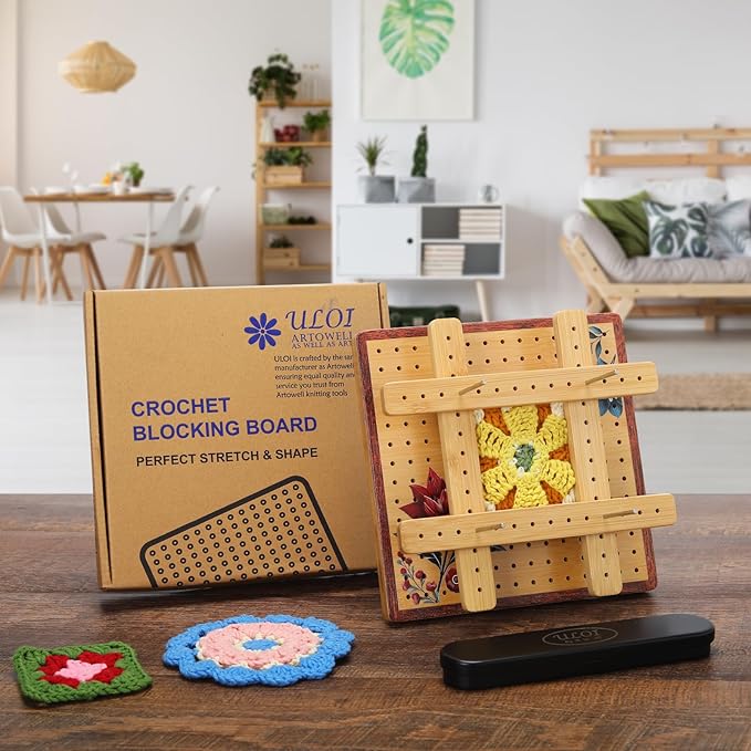 7.8”Crochet Blocking Board - Upgraded Style with 4 Tension Rods and 20 Pegs – Blocking Boards for Crochet Projects, Ideal for Granny Square Card Deck Users(Crimson)