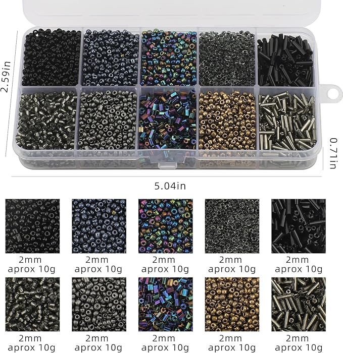 Approx 5000pcs 12/0 Glass Seed Beads for Jewelry Making, 2mm Mix 10 Colors Tube Beads Glass Bugle Beads Waist Beads Kit for Bracelets Necklaces Earrings DIY Supplies (Black)