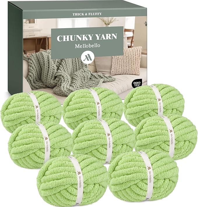 Mellobello Jumbo Chunky Yarn for Hand Knitting - Super Thick Chenille Chunky Yarn for Crocheting - Extra Soft Bulky Fluffy Blanket Big Yarn 8 Jumbo Pack (27yds,8 oz Each Skein) Grass Green