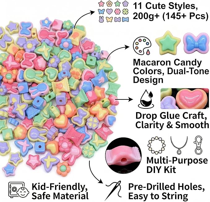 Assorted Acrylic Beads for Bracelet Making kit, 200g+ 11-Style, Pony Candy Kawaii Charms Beads DIY Craft Supplies for Jewelry Keychain Necklaces(Mixed III Candy Color, 145+Pcs, 0.45lb.)