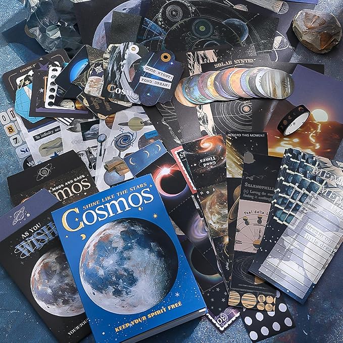 Scrapbook Kit Junk Journal Supplies with A6 Grid Notebook,154 Pieces Space Stationery Set with Cosmic Stickers and Paper for Women Teens, Blue Celestial Theme