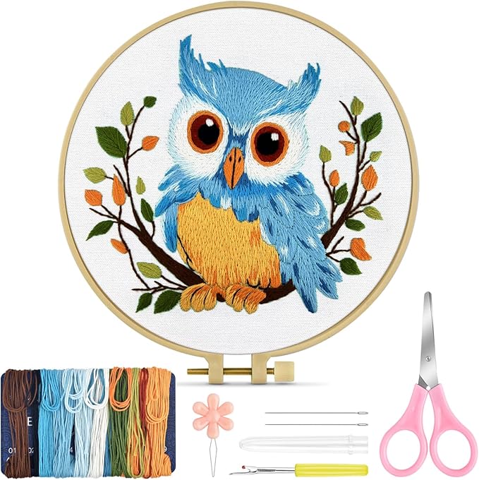 TINDTOP Embroidery Kit for Beginners Adult, Owl Embroidery Kit for Beginners Include Embroidery Cloth Hoops Threads for Craft Lover Hand Stitch with Embroidery Skill Techniques