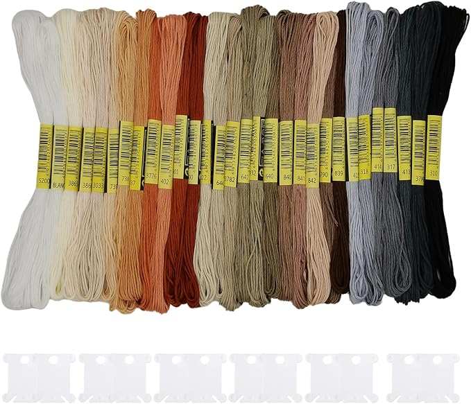 30 Skeins Embroidery Thread,White Brown Grey Black Gradient Embroidery Floss for Cross Stitch and DIY Art Craft,Friendship Bracelets String,with 12 PCS Floss Bobbins