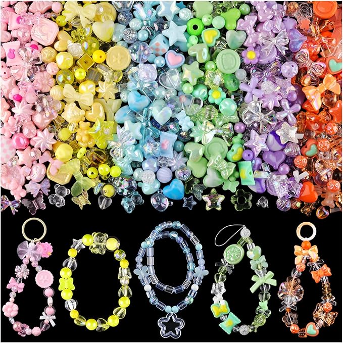 400-450PCS TINKRSTUFF Assorted Acrylic Beads For Bracelet Making, Cute Beads For Jewelry Making Flower Bow Butterfly Candy Gummy Bear Kawaii Aesthetic Beads,DIY Necklace Keychain Phone Charm(6 Colors)