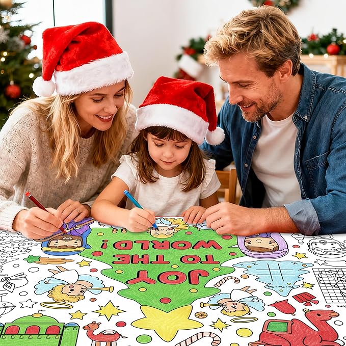 dvbonike jumbo christmas joy to the world coloring poster - nativity xmas tree games color-in paper blank doodle art banner 55.1 x 23.6 inch decor for kids school group activity home party supplies