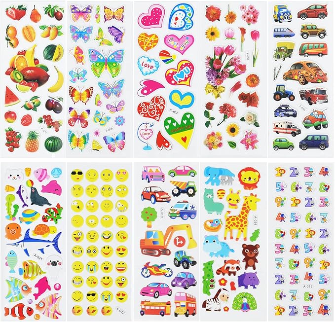 24 sheets(500+) 3d puffy stickers for toddlers kids, bulk preschool sticker sheets for reward, craft, scrapbooking including animal, fruits, dinosaurs, fish and more