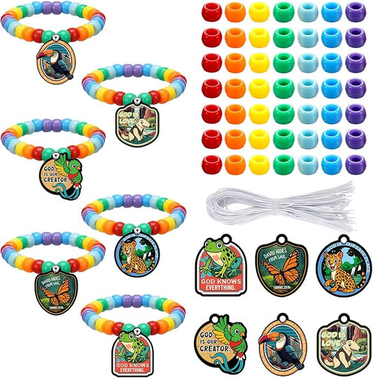 Tondiamo 24 Sets Rainforest Falls Bracelet Crafts Bulk VBS 2026 Bracelet Making Kit DIY Rainforest Falls Bead Wristband Jungle Wooden Cutouts Charms for Vacation Bible School Crafts Jewelry Making