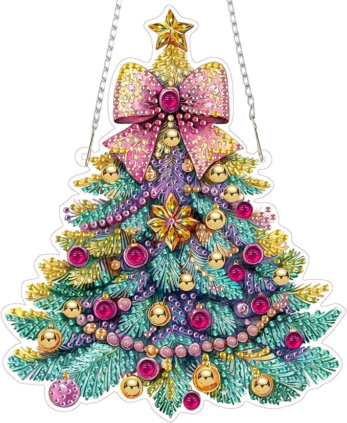 RICUVED Hanging Diamond Art Kit for Adults, Christmas Tree Special Shaped Crystal Gem Craft Diamond Painting Pendant Kit for Beginners, DIY Hanging Acrylic Art Ornament for Home Garden Wall Decor