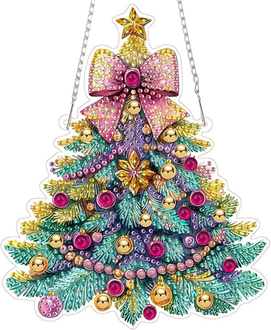 RICUVED Hanging Diamond Art Kit for Adults, Christmas Tree Special Shaped Crystal Gem Craft Diamond Painting Pendant Kit for Beginners, DIY Hanging Acrylic Art Ornament for Home Garden Wall Decor