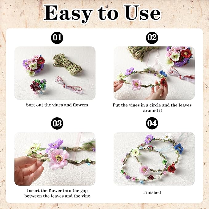 KorViSHOW DIY Flower Crowns Making Kit, 136 Pcs Handmade Rose Floral Headband Craft Set, DIY Creativity Fairy Flower Hair Accessories Making Kit for Women Make Your Own Handmade Activities Arts Gifts