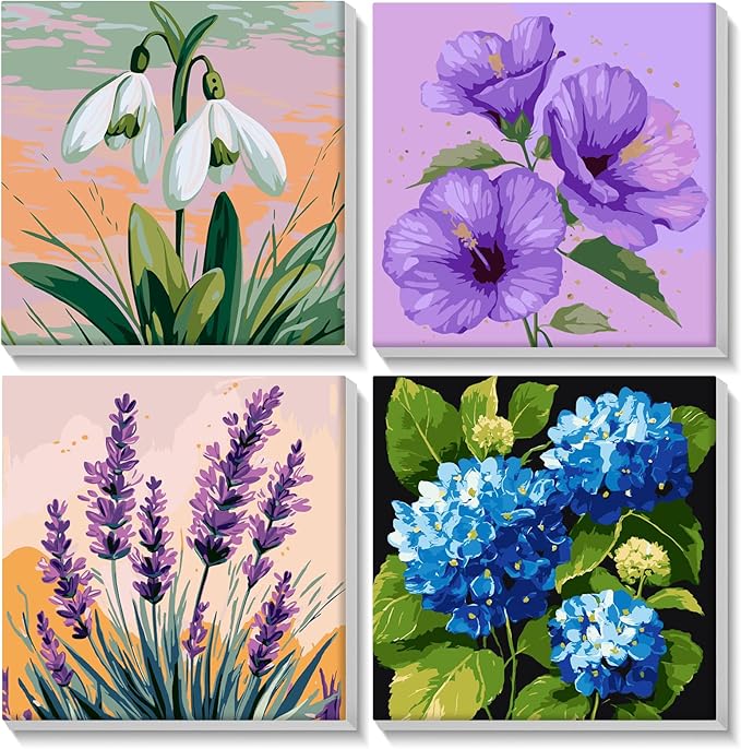 Lxmsja 4 Pack Whispers of Bloom Paint by Numbers Kit for Adults, Easy Framed Paint by Numbers for Adults Beginner, DIY Acrylic Oil Painting Craft Kits for Home Wall Decor 8x8 inch