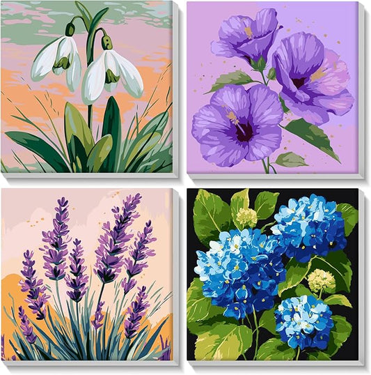 Lxmsja 4 Pack Whispers of Bloom Paint by Numbers Kit for Adults, Easy Framed Paint by Numbers for Adults Beginner, DIY Acrylic Oil Painting Craft Kits for Home Wall Decor 8x8 inch
