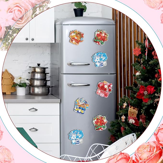 Frienda 12 Pcs Diamond Art Magnets Refrigerator Diamond Painting Magnets Holiday Seasonal Flower Basket Easy Kits Interchangeable for Adults Beginners DIY Flower Home Decors Gifts Craft