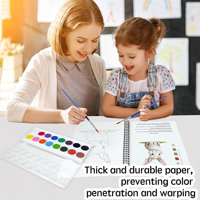 SLWBZ Watercolor Workbook Animals, 15 Different Patterns of Original DIY Designs, 16 Color Watercolor Paint Plates with Palette and Brush, Beginner-Friendly Watercolor Workbooks, Animals