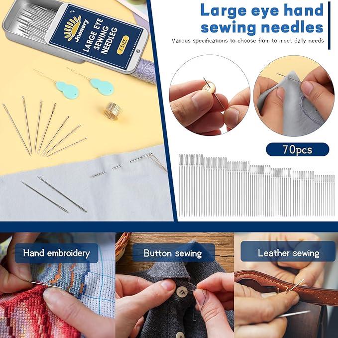 70 Pcs Hand Sewing Needles, 7 Size Large Eye Sewing Sharp Needles, Leather Embroidery Thread Needle, Stainless Steel Yarn Knitting Needle with Threader, Thimble for Repair, Quilting