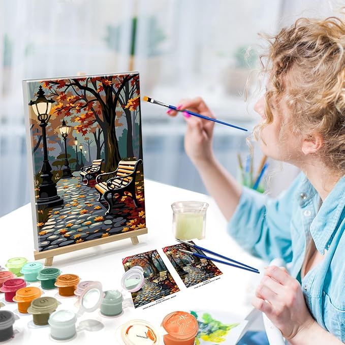 ATDMS Paint by Numbers Kit for Adults with Frame Autumn Landscape Paint by Number with Easel Forest Adult Paint by Number Kits Framed Canvas DIY Acrylic Oil Painting kits for Home Wall Decor 8x12 Inch