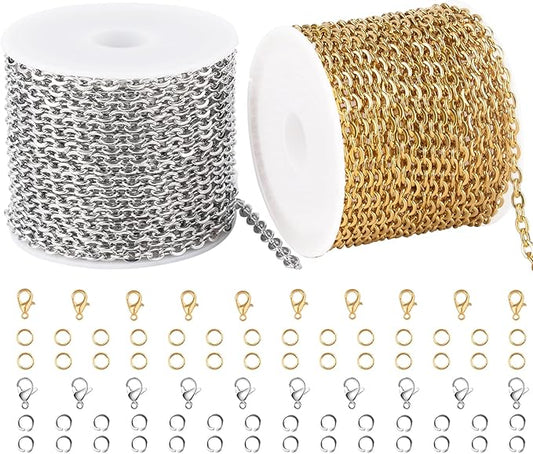SMYHTGLIF 32.8 Feet Stainless Steel Chain for Jewelry Making 2 Rolls Gold and Silver Jewelry Making Chains Craft Chain Roll Oval Cable Bulk Chain Jewelry Supplies