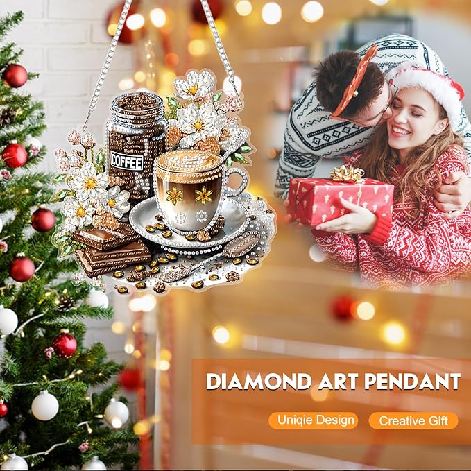 NEWENMO Hanging Diamond Art Kit for Adult, Coffee Cup, 5D Special Shaped Rhinestone Diamond Painting Ornament, Coffee Lover, DIY Acrylic Diamond Art Painting Window Pendants Home Garden Wall Decor