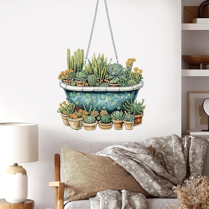 Pavemlo Hanging Diamond Art Kits for Adults Cactus – 8x8 Inch Double-Sided Acrylic Board DIY Crystal Diamond Suncatcher Pendant, Sparkling Home Wall or Window Decoration Handmade Gift