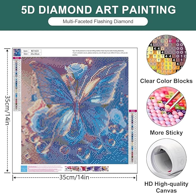 mrpwnle Butterfly Flowers Diamond Art Kits for Adults, Butterfly Diamond Painting Kits for Adults, 5D Diamonds Painting, DIY Round Full Drill Gem Art Crafts, Home Decor Gifts 13.8x13.8 inch