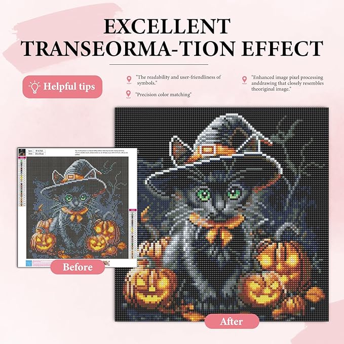 Yezavesu Halloween Diamond Art Kits for Adults, Black Cat Diamond Painting Kit for Beginners, Pumpkin 5D DIY Round Full Drill Painting with Gem Art Craft Kits for Home Wall Decor 14x14 Inch