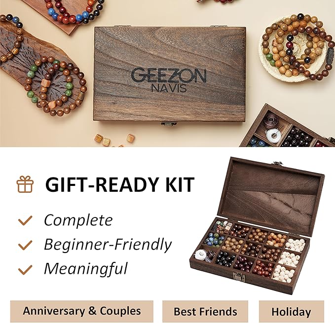 geezon navis bracelet making kit - 10mm natural wooden beads with letters & stone beads - 296pcs in 16 colors - diy jewelry making starter kit adult men women birthday gift craft
