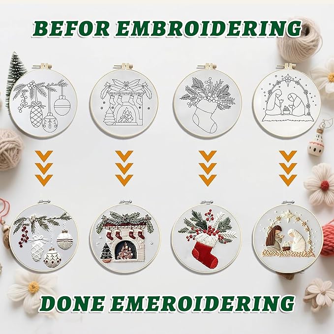 QBQBQ 4 Sets Christmas Embroidery Kits for Adults, Embroidery Kit for Beginners, Cross Stitch Kits for Beginners with Pattern, Needles, Threads, Tools (Christmas Kits B)