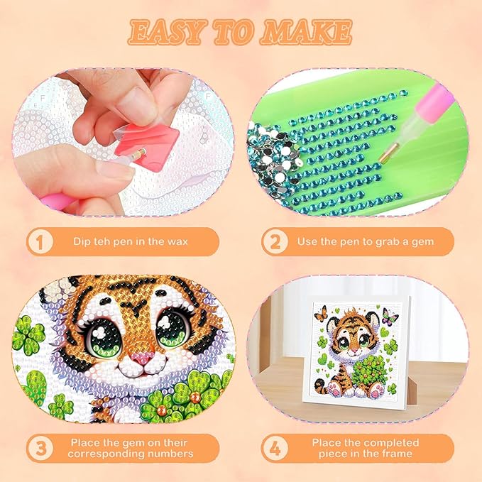 Arttoplus Tiger Diamond Art Kits for Kids 4-6-8-12 with Frame-Tiger Diamond Painting Kits for Kids with Frame,Animal Gem Art for Gift Home Wall Decoration(7x7inch)
