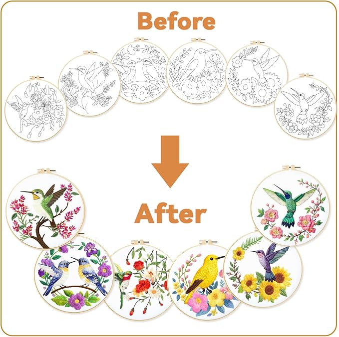 BEUNITONE Hummingbird Embroidery Kit for Adults, 6PC Floral Bird Cross Stitch Set with Colorful Threads, Nature Inspired DIY Artwork, Home Decor Gift for Her