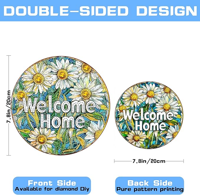 VAIIEYO Welcome Diamond Art Hanging Ornament, Chrysanthemum Diamond Painting Suncatchers Window Hanging Kit with Chain, 7.5x7.5 inch Crystal Pendant Art Craft for Gift Home Wall Front Door Decoration