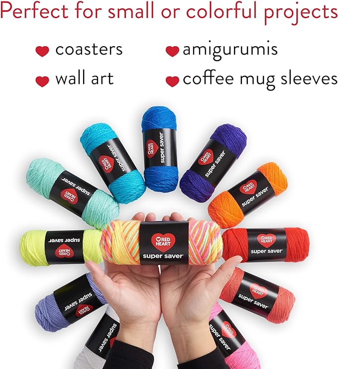 Red Heart Super Saver Yarn Super Craft Kit Brights, with 12 Pack of 50g/1.7 oz. 4 Medium Worsted Yarn for Knitting & Crocheting, 12 Colors, Perfect for Chunky Sweaters, Blankets, Amigurumi