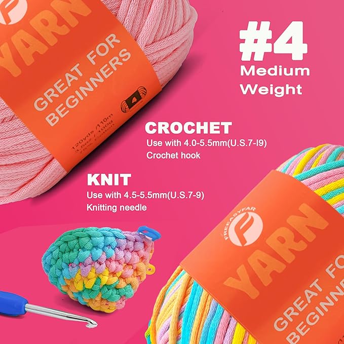 2 x 3.5Oz/120yds Beginner Easy Yarn for Crocheting and Knitting;Worsted-Weight Medium #4;Cotton Blend Yarn for Beginners Amigurumi DIY(Coral+Pink,2 Skein)