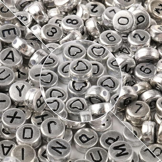 Yochus 1000pcs Silver Mixed Round Acrylic Beads 4x7mm Black Alphabet Number Heart Shape Bead for Jewelry Making and DIY Bracelets