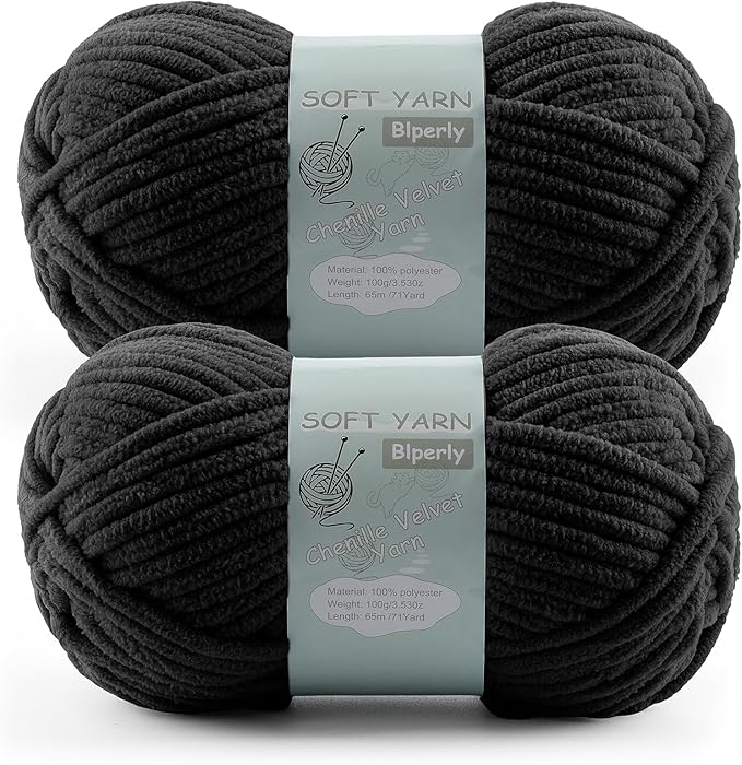 Chunky Chenille Yarn Velvet Soft Super Bulky Size 6 for Crocheting Knitting, Baby Blanket Yarn, 100g 71 Yds per Skein, Easy to Use for Scarves, Amigurumi, Crafts (2, Black)