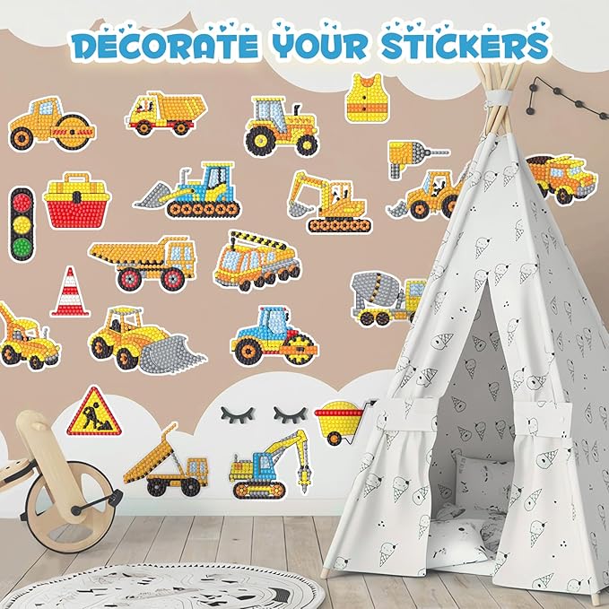 Labeol Diamond Art Kits for Kids Boys and Girls Ages 6-8-10-12 Easy to DIY Creative Diamond Art Sticker Craft by Numbers Kits for Kids and Adult Beginners (Engineering Vehicles)