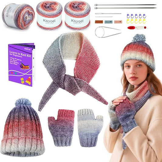 kitcroet knitting kit for beginners, complete beginner knitting kit including knitting needles set, soft gradiant cake yarn, learn to knit scarf, beanie, mittens with step by step video tutorials