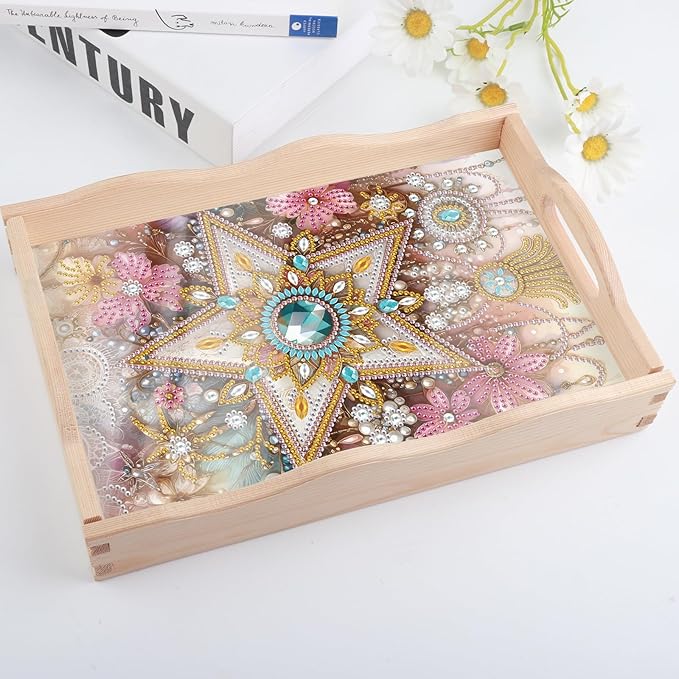 DIY Diamond Art Tray with Handle Diamond Art Painting Plate Creative Design Handmade Wooden Tray Mosaic Making Kits by Number Kits Diamond Art for Coffee Living Room Home Organizer (Five-Pointed Star)