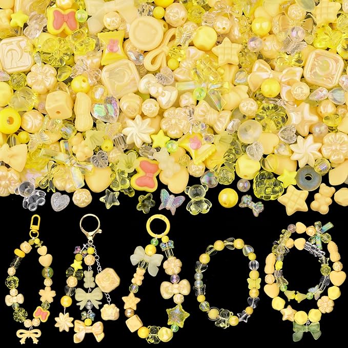200-260pcs tinkrstuff assorted acrylic beads yellow cute beads for bracelet making, bow aesthetic gummybear flower candy butterfly kawaii charms for jewelry making diy necklace keychain phone charm
