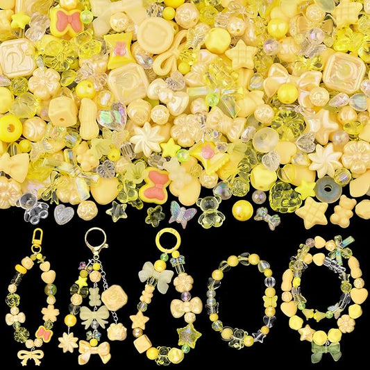 200-260pcs tinkrstuff assorted acrylic beads yellow cute beads for bracelet making, bow aesthetic gummybear flower candy butterfly kawaii charms for jewelry making diy necklace keychain phone charm