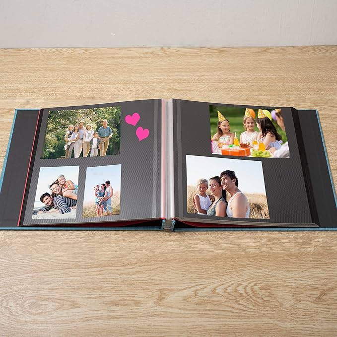 Large Photo Album Self Adhesive 4x6 8x10 10x12 13"x12.6" Scrapbook Album 12.6"x11" Inch 60 Black Sticky Pages Linen Cover Magnetic Photo Album with A Metallic Pen and DIY Stickers(Sky Blue)