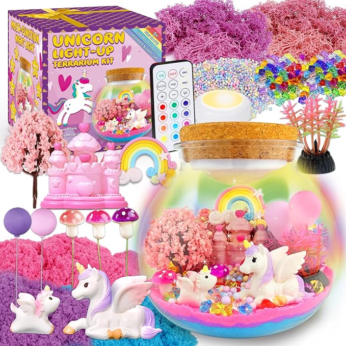 7july unicorn terrarium crafts kit for kids-led night light up & remote unicorn birthday gifts toys for girls ages5 6 7 8 9 10 year old-christmas gifts for girls