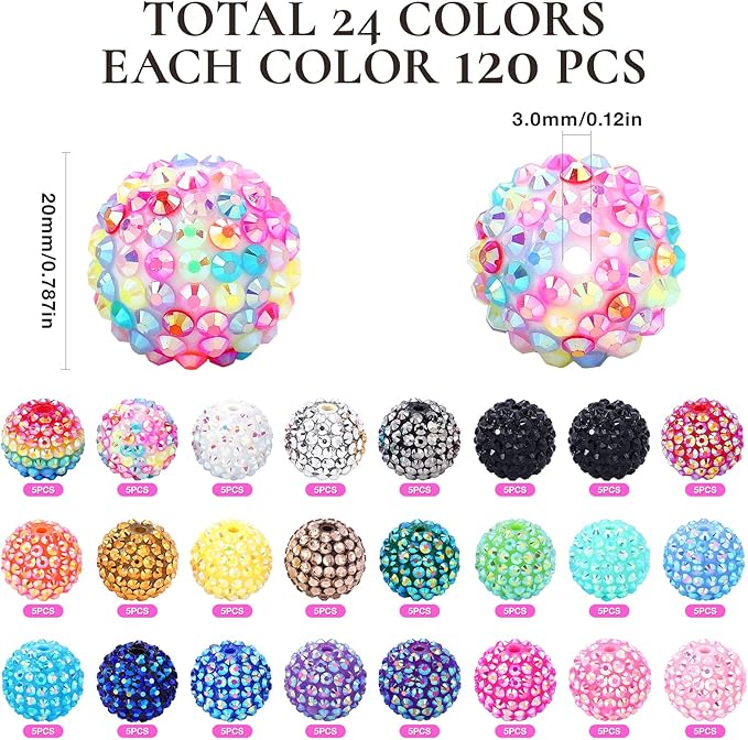 120pcs 20mm Rhinestone Beads, 24 Colors Round Crystal Resin Rhinestone Disco Ball Chunky Bubblegum Beads for Pens, DIY Jewelry Making, Bracelets, Necklace