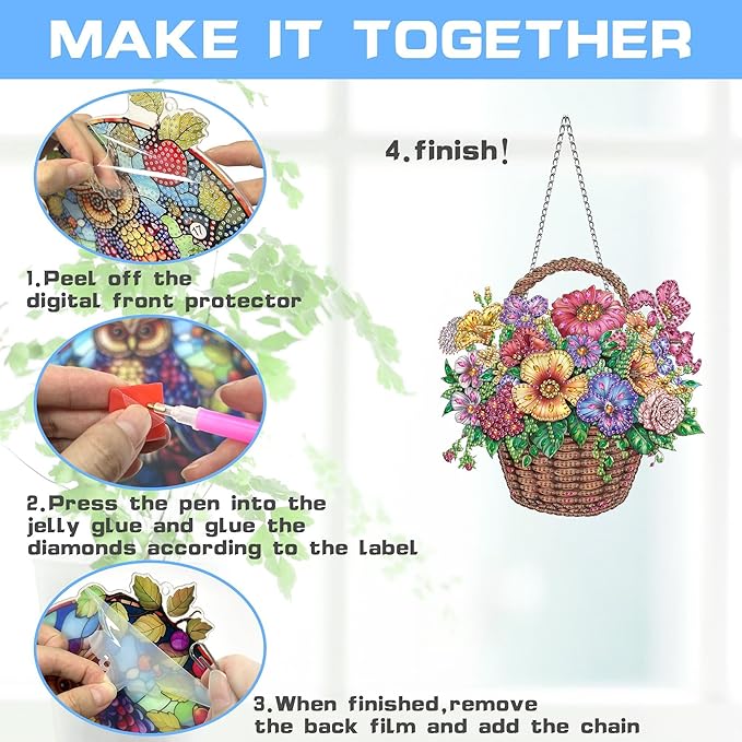 VAIIEYO Basket Diamond Art Hanging Ornament, Flower Diamond Painting Suncatchers Window Hanging Kit with Chain, 7.5x7.5 inch Crystal Pendant Art Craft for Gift Home Wall Front Door Decoration