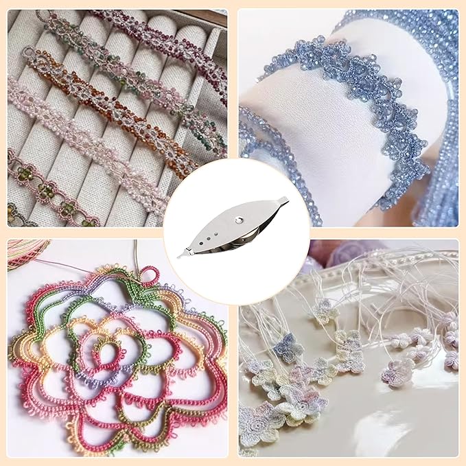 New 3Pcs Silver Metal Tatting Shuttle Kit for Beginners with Bobbin Supplies, Premium Iron Needle Shuttles for Household Knitting, DIY Vintage Lace Making Craft Projects and Sewing Accessories
