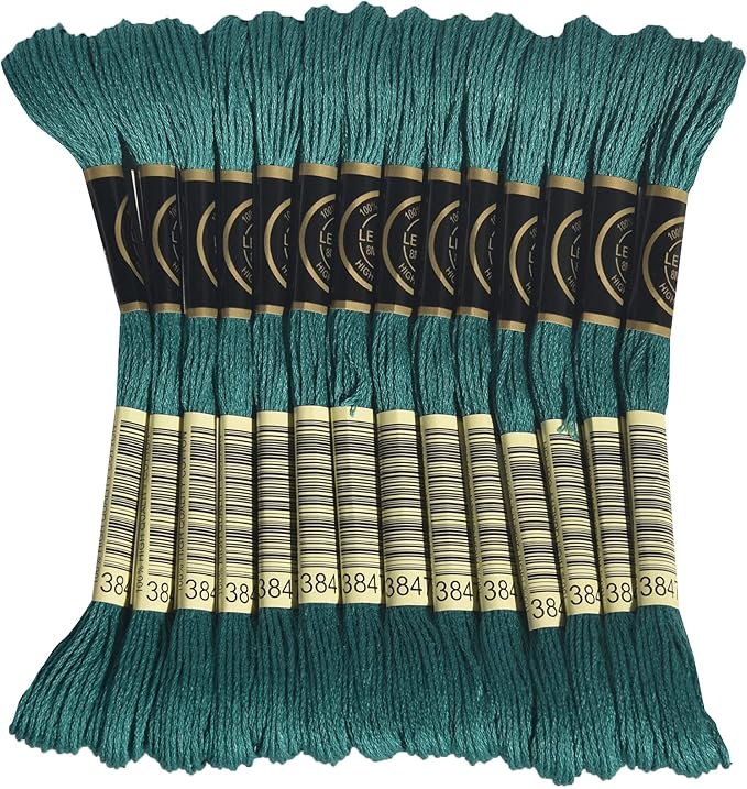 LE PAON Embroidery Floss, 14-Pack Six Strands 100% Long Staple Cotton Embroidery Thread, 8.7-Yard，Color Number：3847, Dark Teal Green